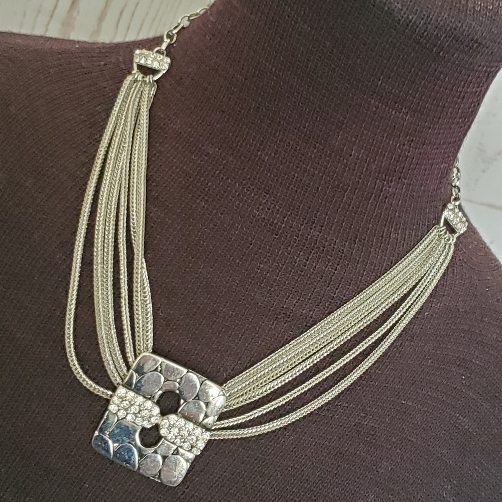 Silvertone textured pendant six strand necklace